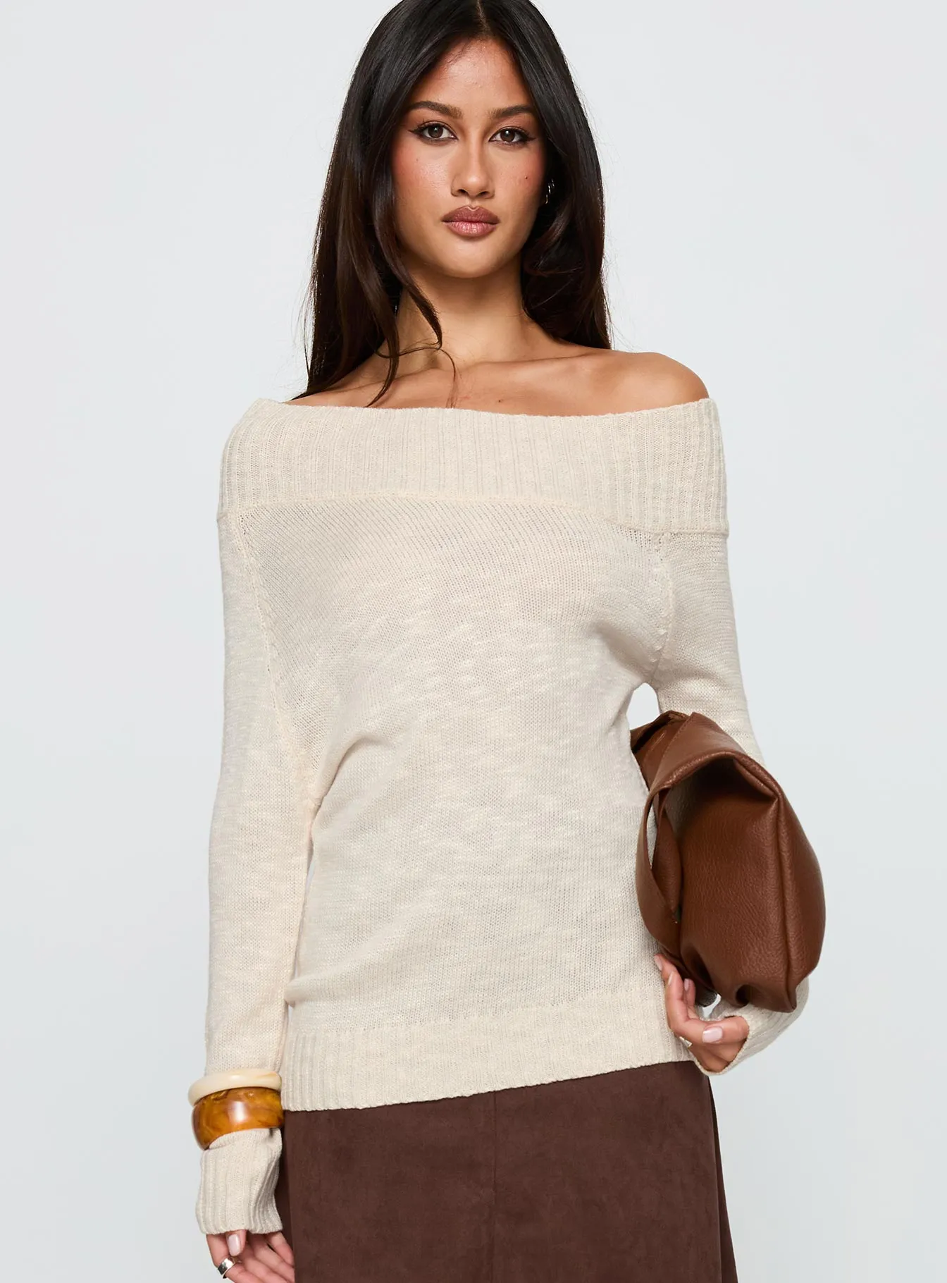 Alyxandra Off Shoulder Knit Sweater Beige sold by Princess Polly product image thumbnail 2