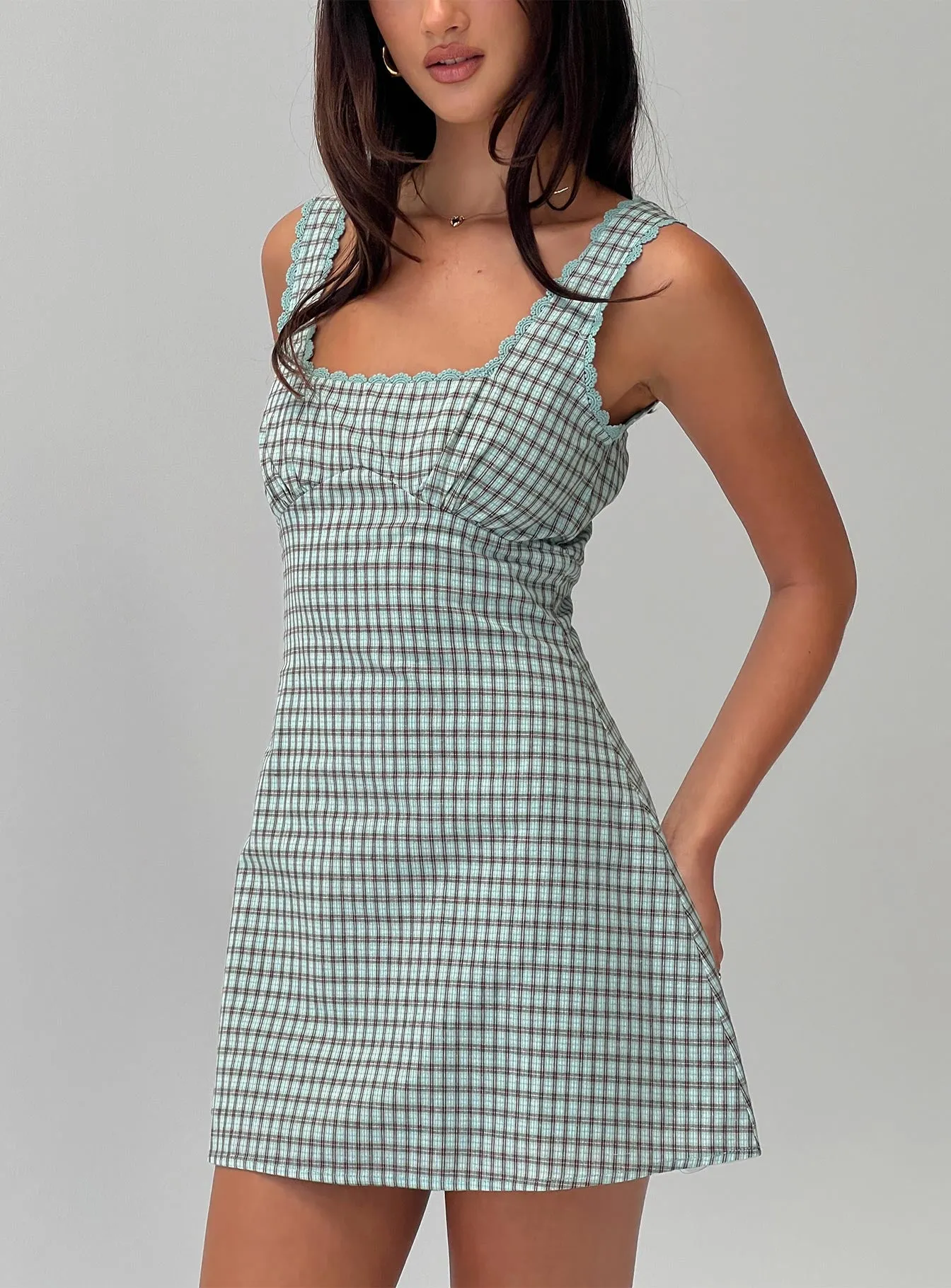 Dasha Mini Dress Blue / Brown Check sold by Princess Polly