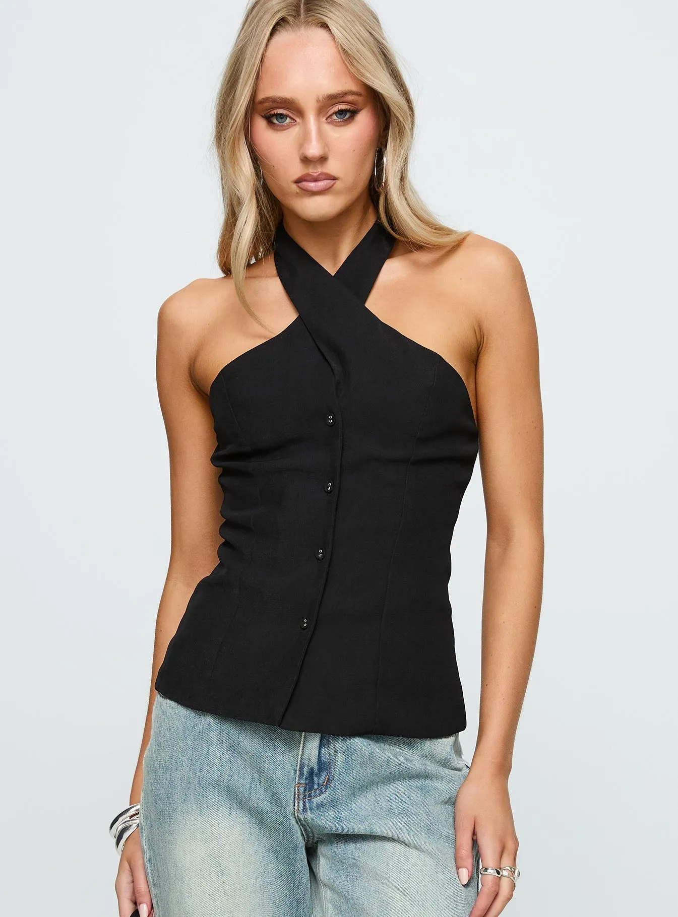 Light Is Coming Cross Detail Top Black sold by Princess Polly