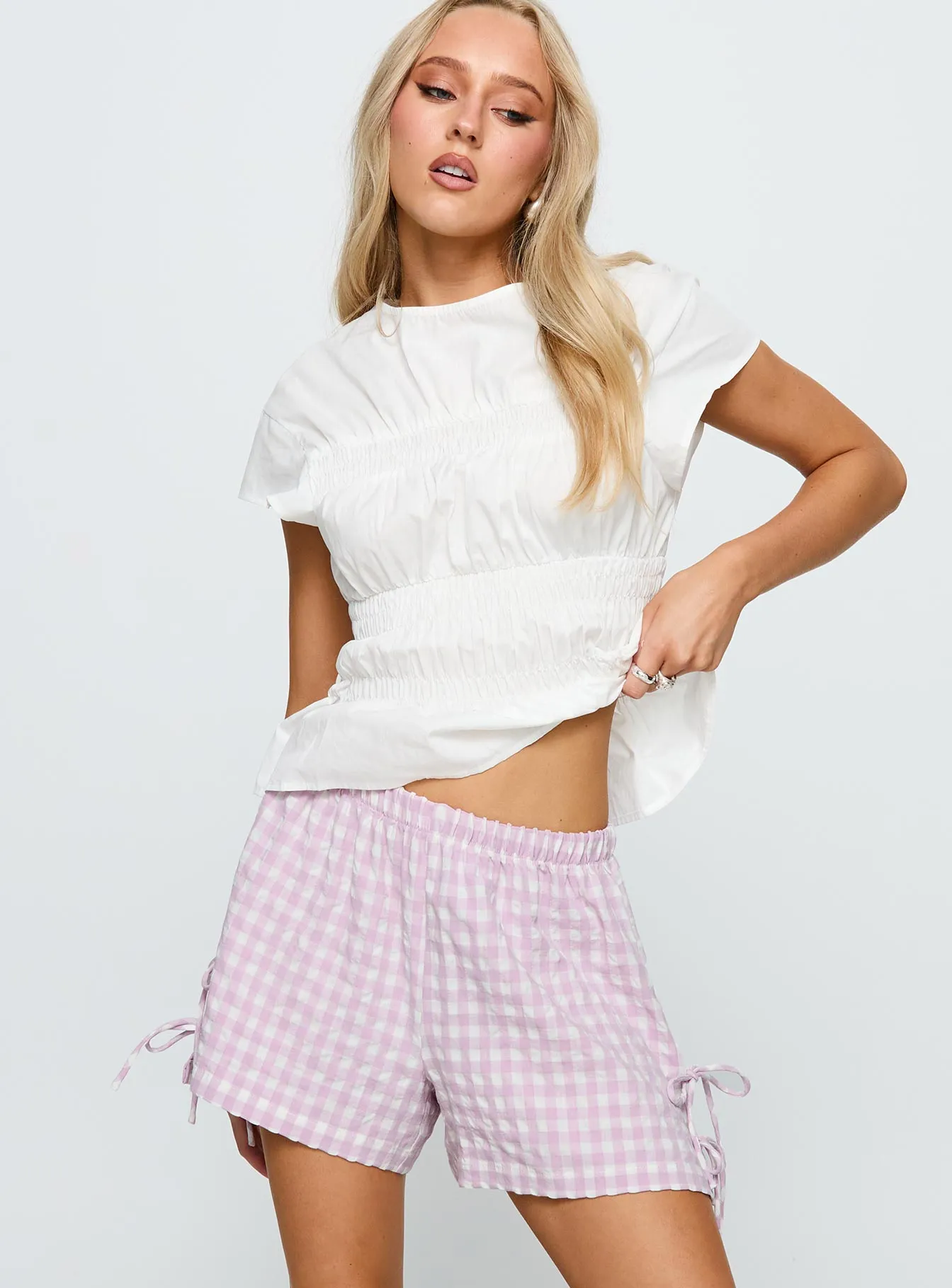 Bubbia Tie Up Shorts Purple / White sold by Princess Polly