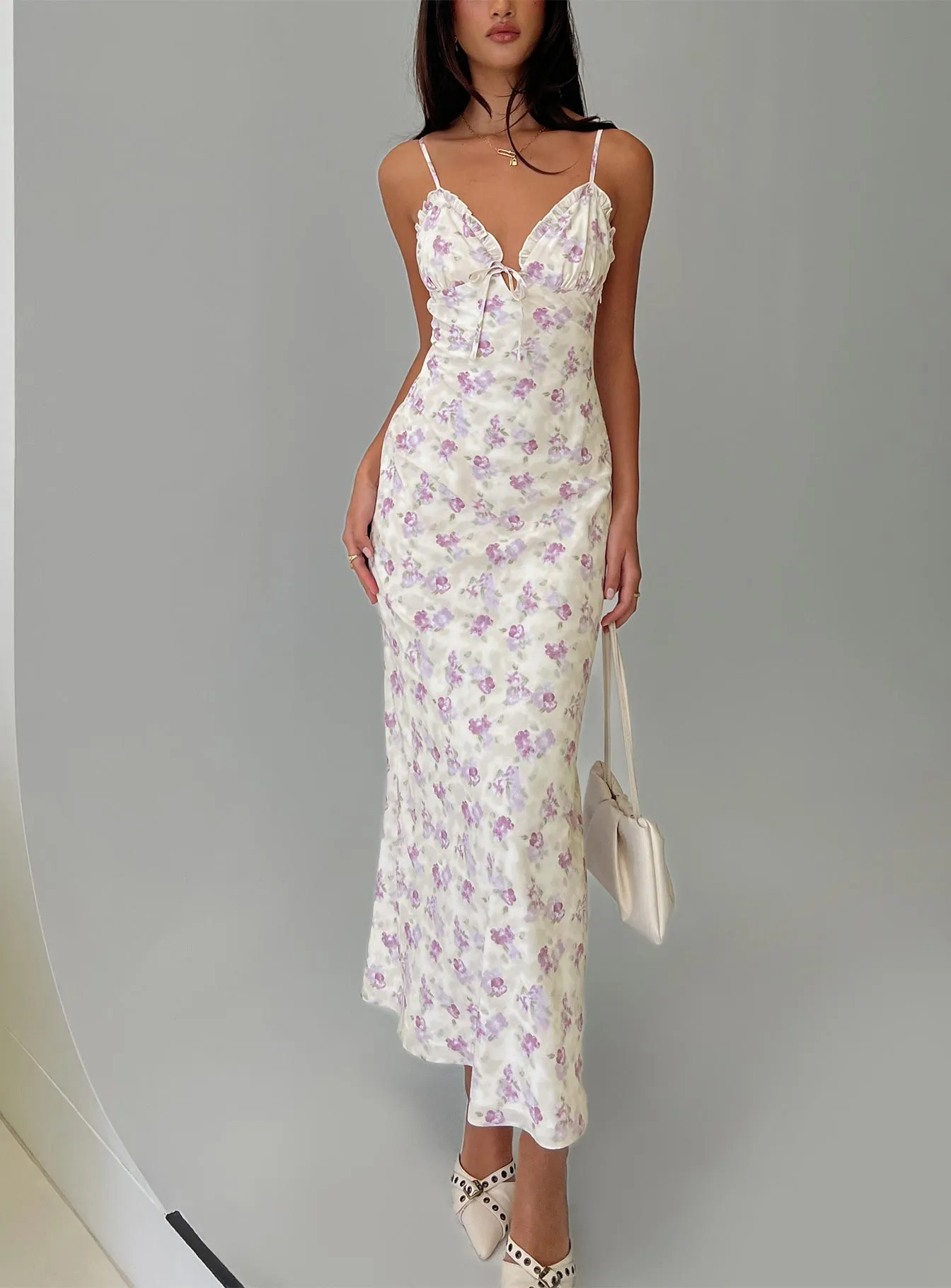 Jessamine Frill Maxi Dress White / Lilac sold by Princess Polly