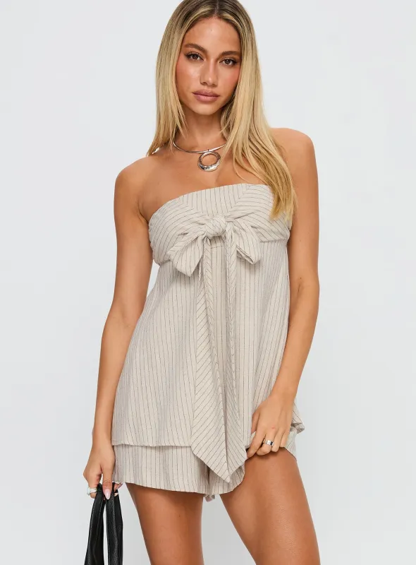 Jetsetter Strapless Playsuit Beige Stripe sold by Princess Polly
