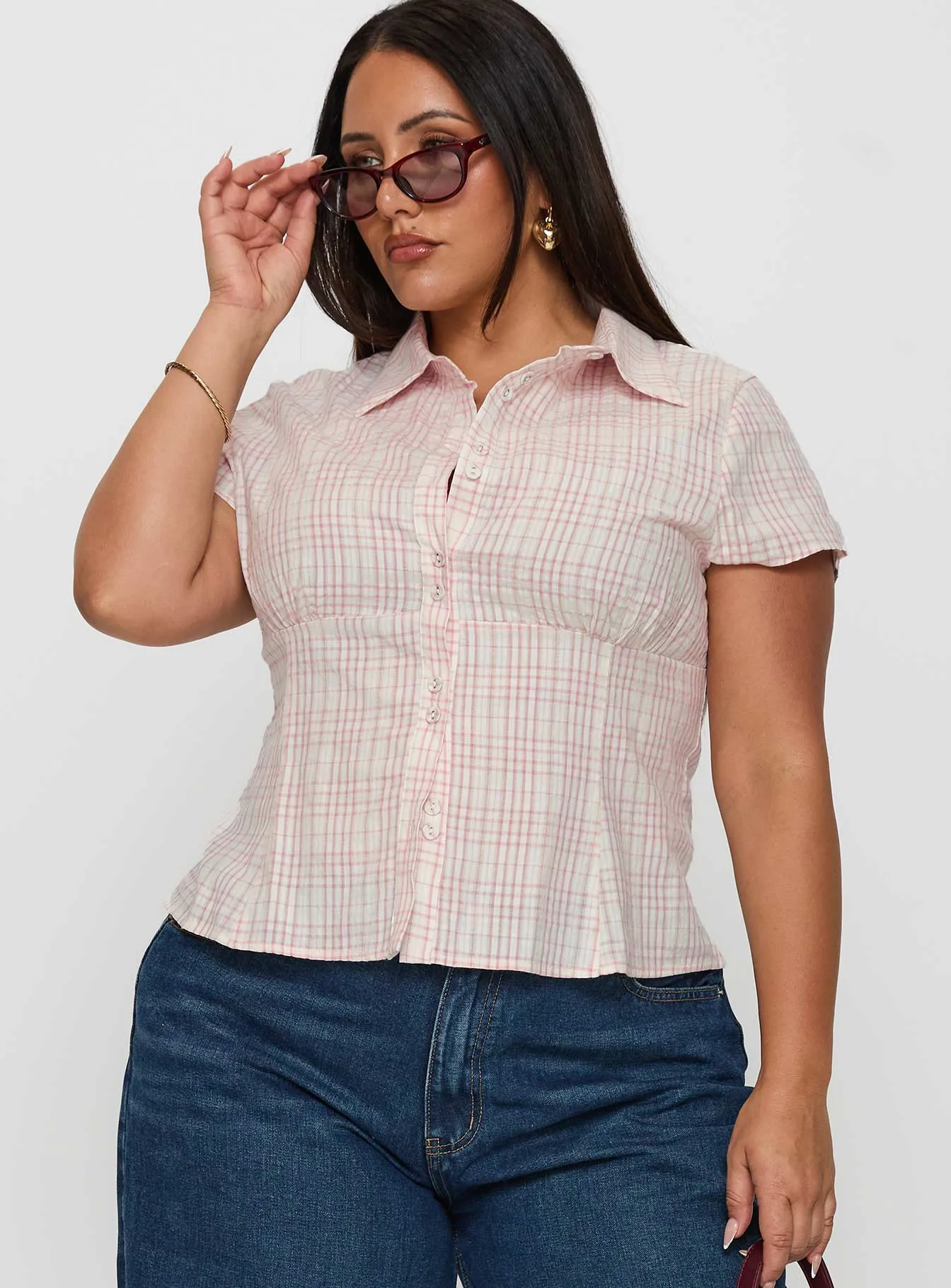 Cottesloe Blouse Top Pink Check Curve sold by Princess Polly product image thumbnail 2