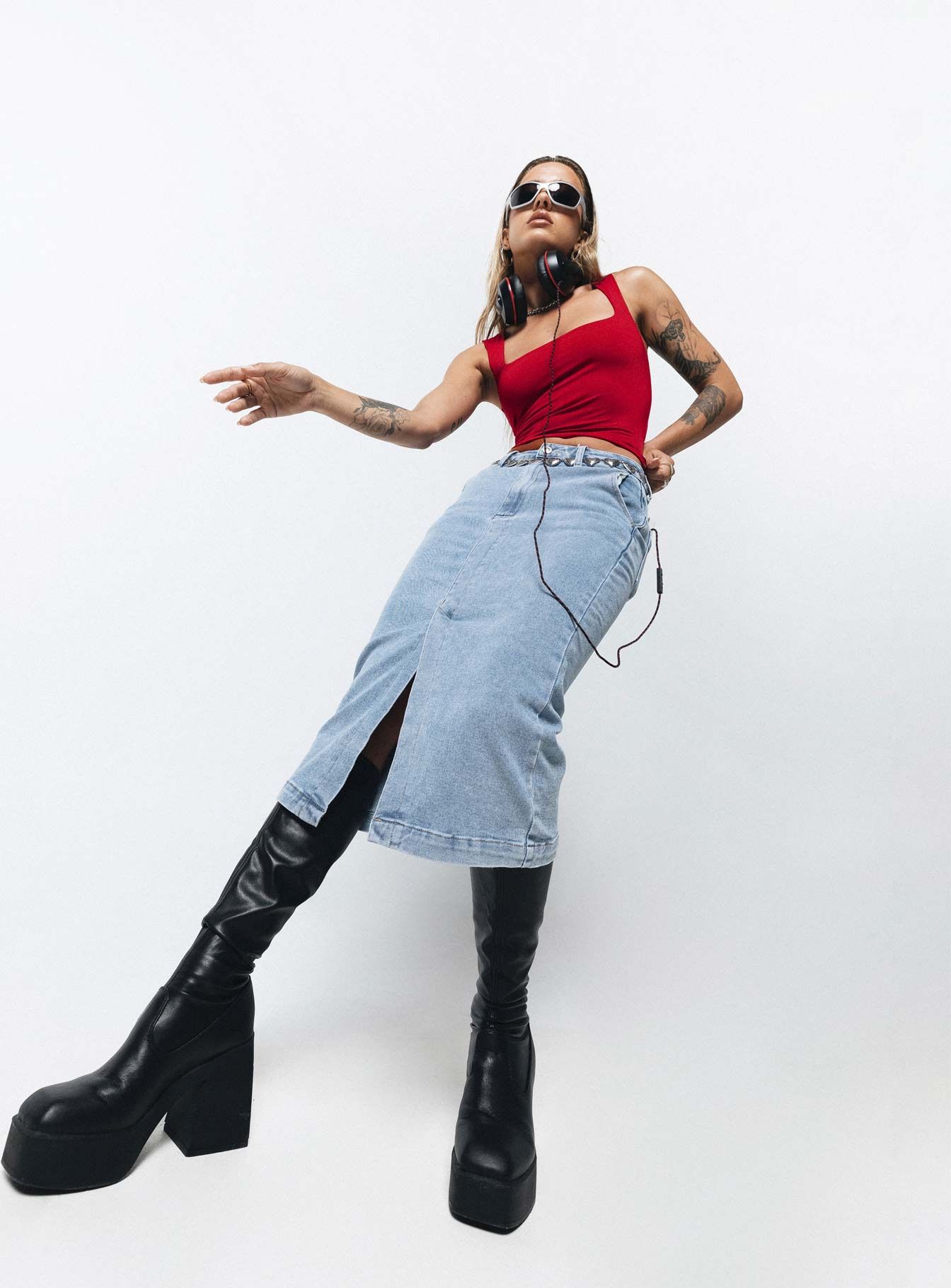 Endgate Midi Skirt Mid Wash Denim sold by Princess Polly