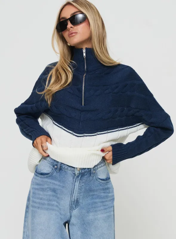 San Seb Quarter Zip Sweater Navy / Cream sold by Princess Polly