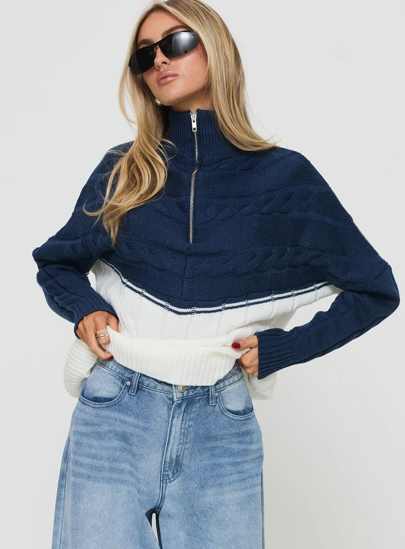 San Seb Quarter Zip Sweater Navy / Cream sold by Princess Polly