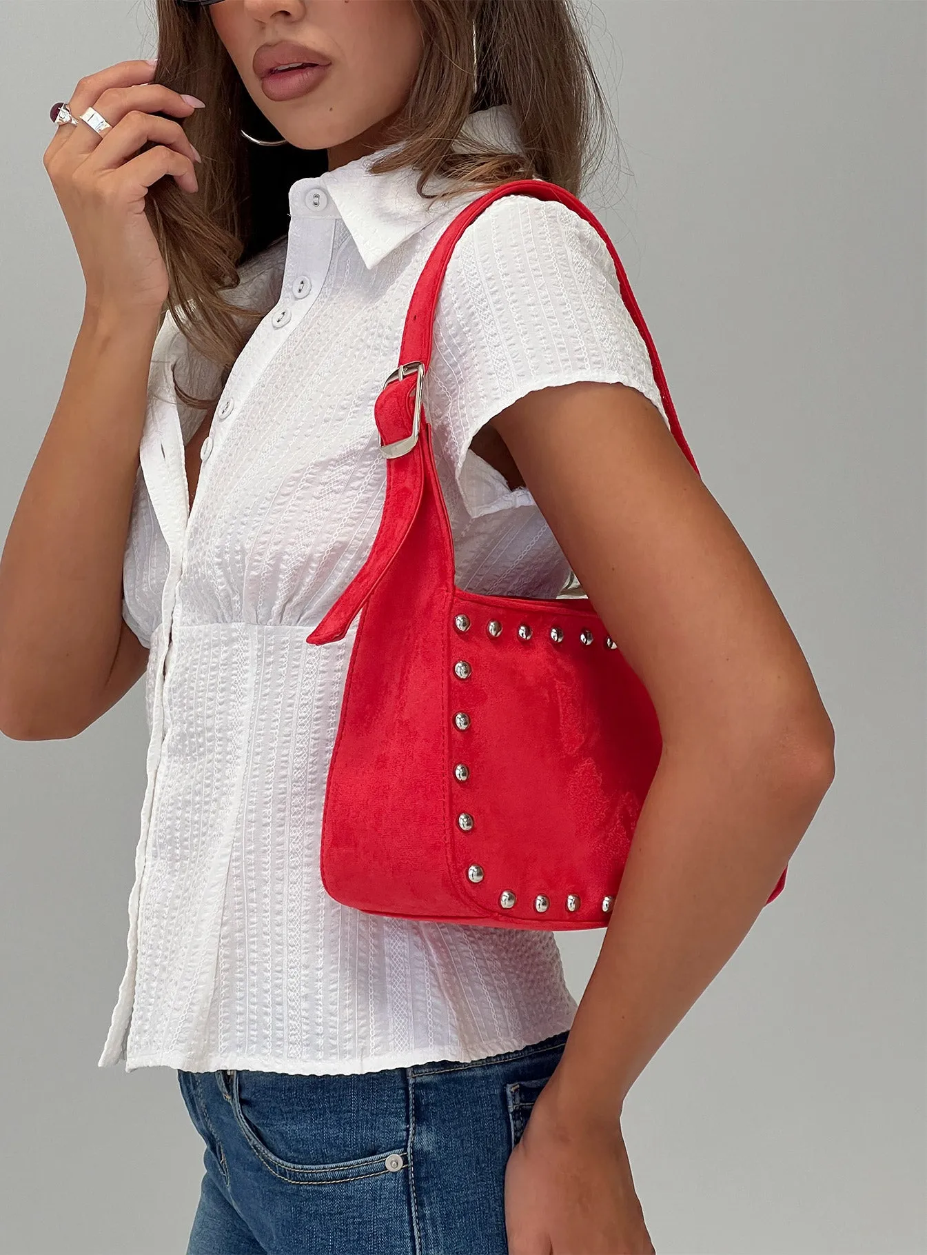 Wistfully Studded Shoulder Bag Red sold by Princess Polly