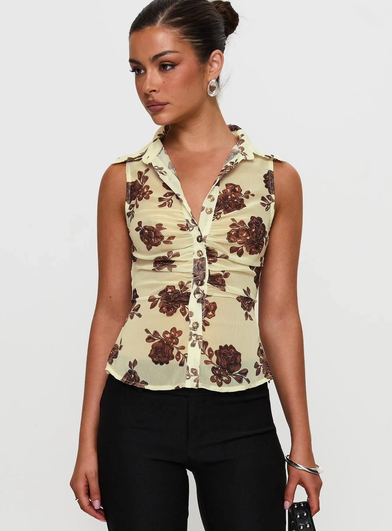 Present Tense Sheer Ruched Top Yellow Floral sold by Princess Polly product image thumbnail 2