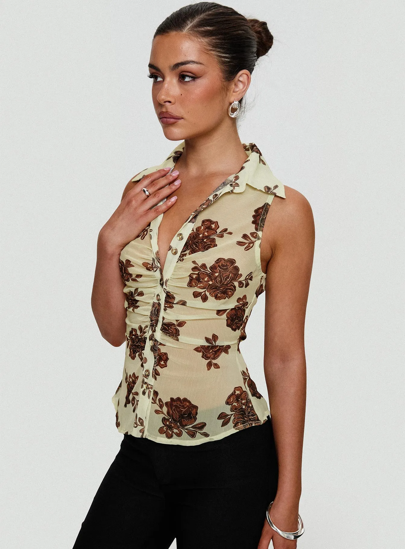 Present Tense Sheer Ruched Top Yellow Floral sold by Princess Polly