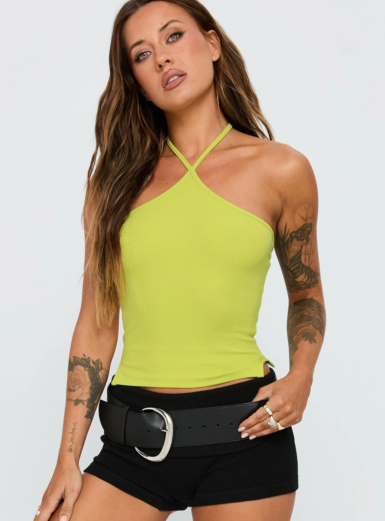 Baseline Halter Rib Top Green sold by Princess Polly