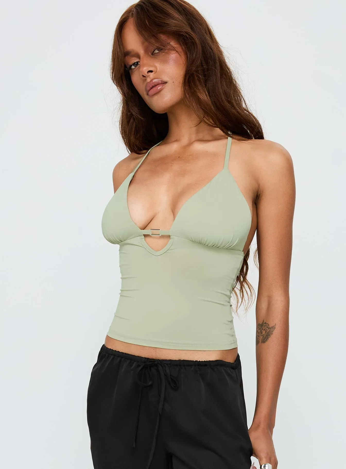 Norwalk Plunge Neck Top Sage sold by Princess Polly