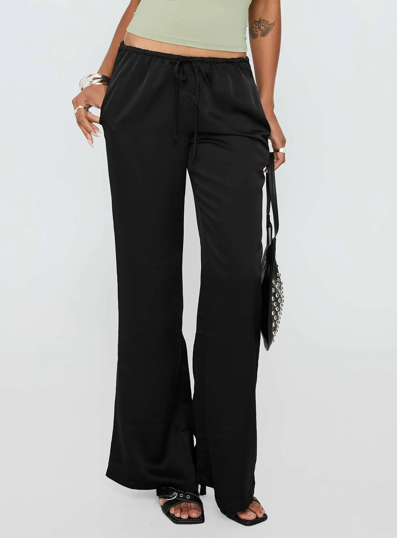Vanille Tie Waist Satin Pants Black sold by Princess Polly
