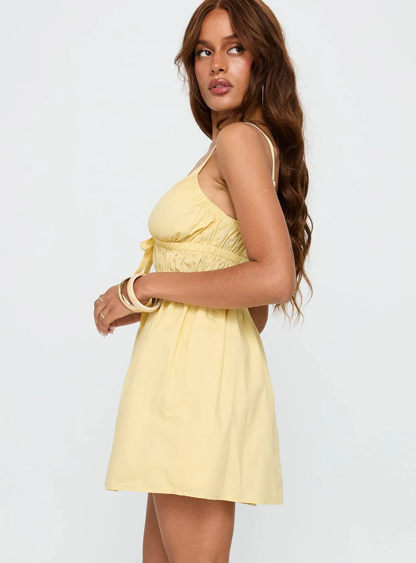 Viviette Ruched Mini Dress Lemon sold by Princess Polly product image thumbnail 4