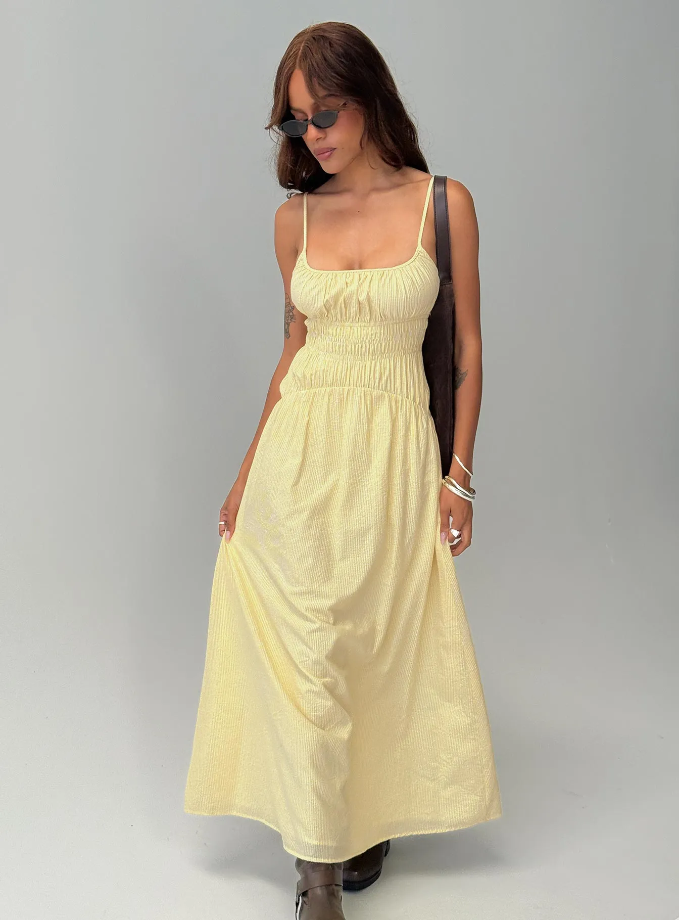 Magnolie Shirred Maxi Dress Yellow Stripe sold by Princess Polly