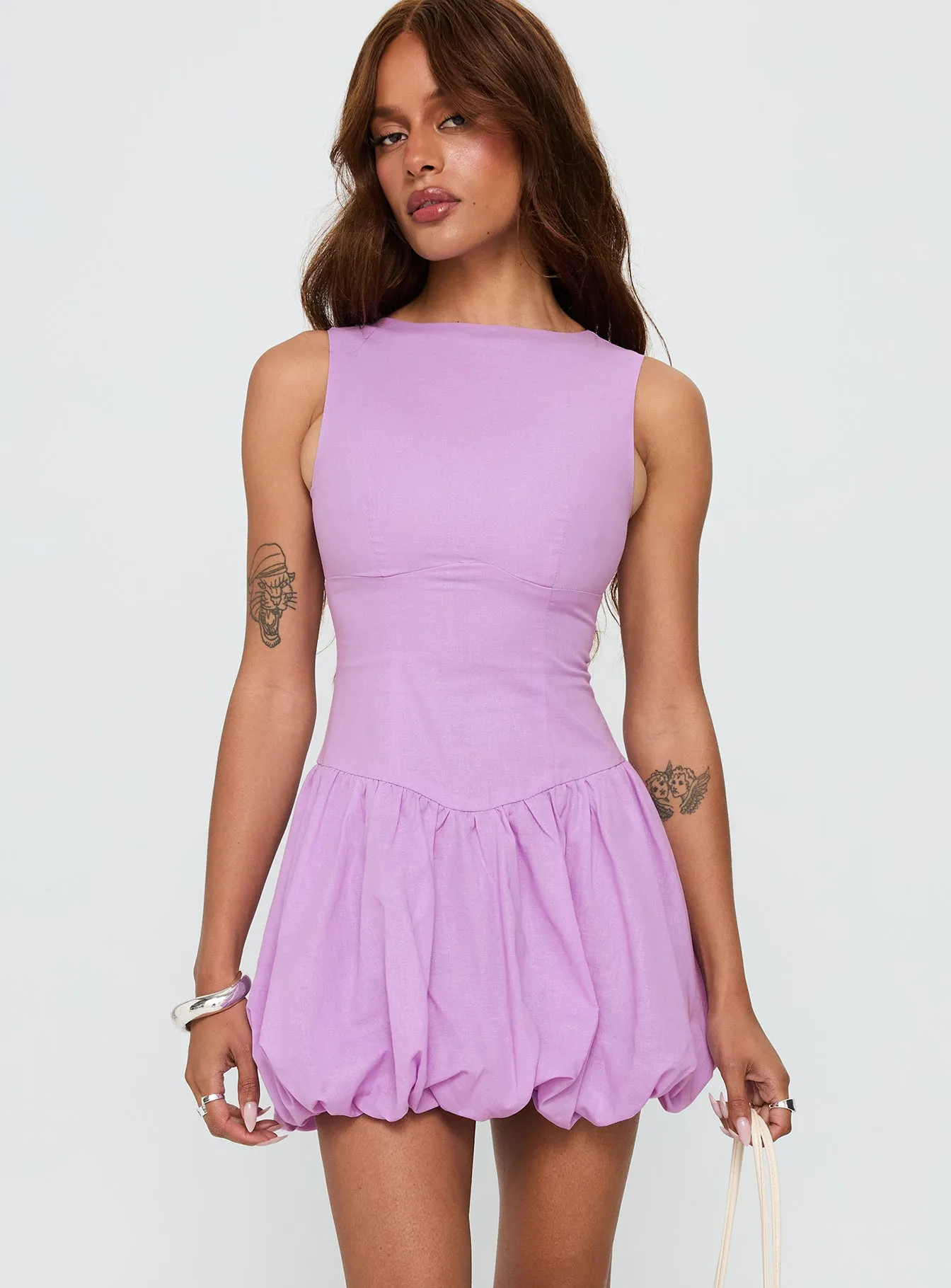 Cicely Bubble Hem Mini Dress Lilac sold by Princess Polly