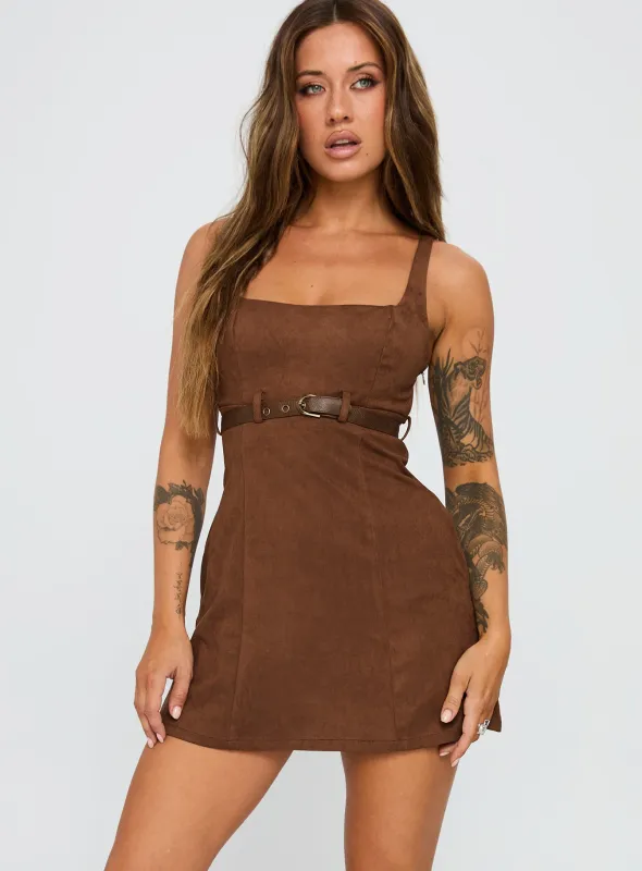 Way Back In Faux Suede Mini Dress Brown sold by Princess Polly