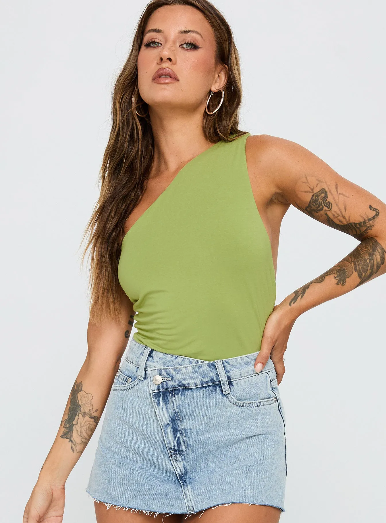Ferrera One Shoulder Bodysuit Green sold by Princess Polly