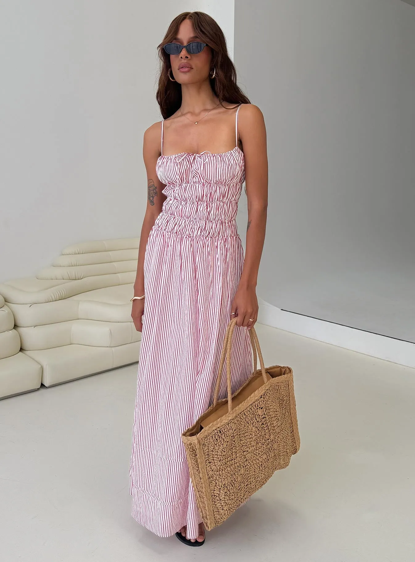 Loralei Shirred Maxi Dress Red Stripe sold by Princess Polly