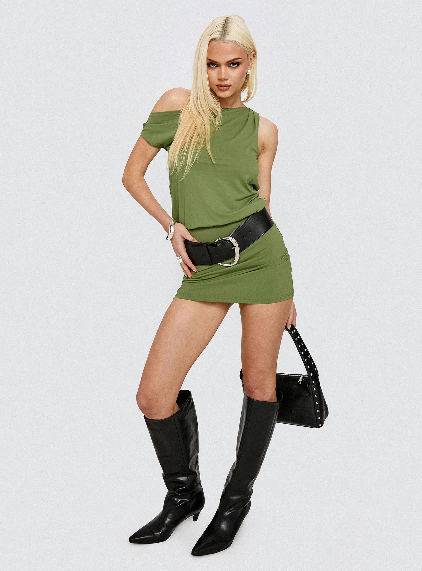 Blousson Asymmetrical Mini Dress Olive sold by Princess Polly