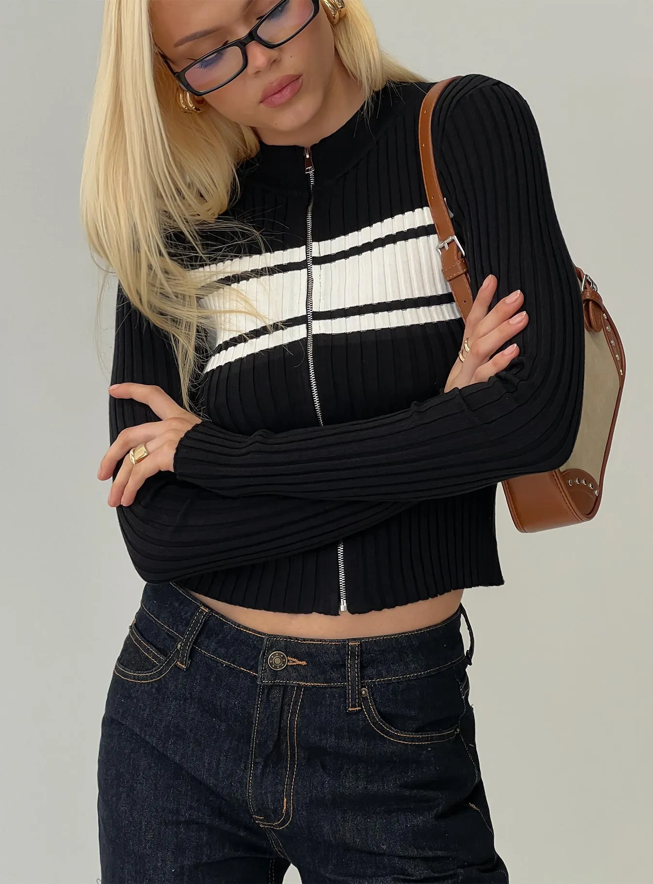 Decisive Zip Through Knit Sweater Black / White sold by Princess Polly