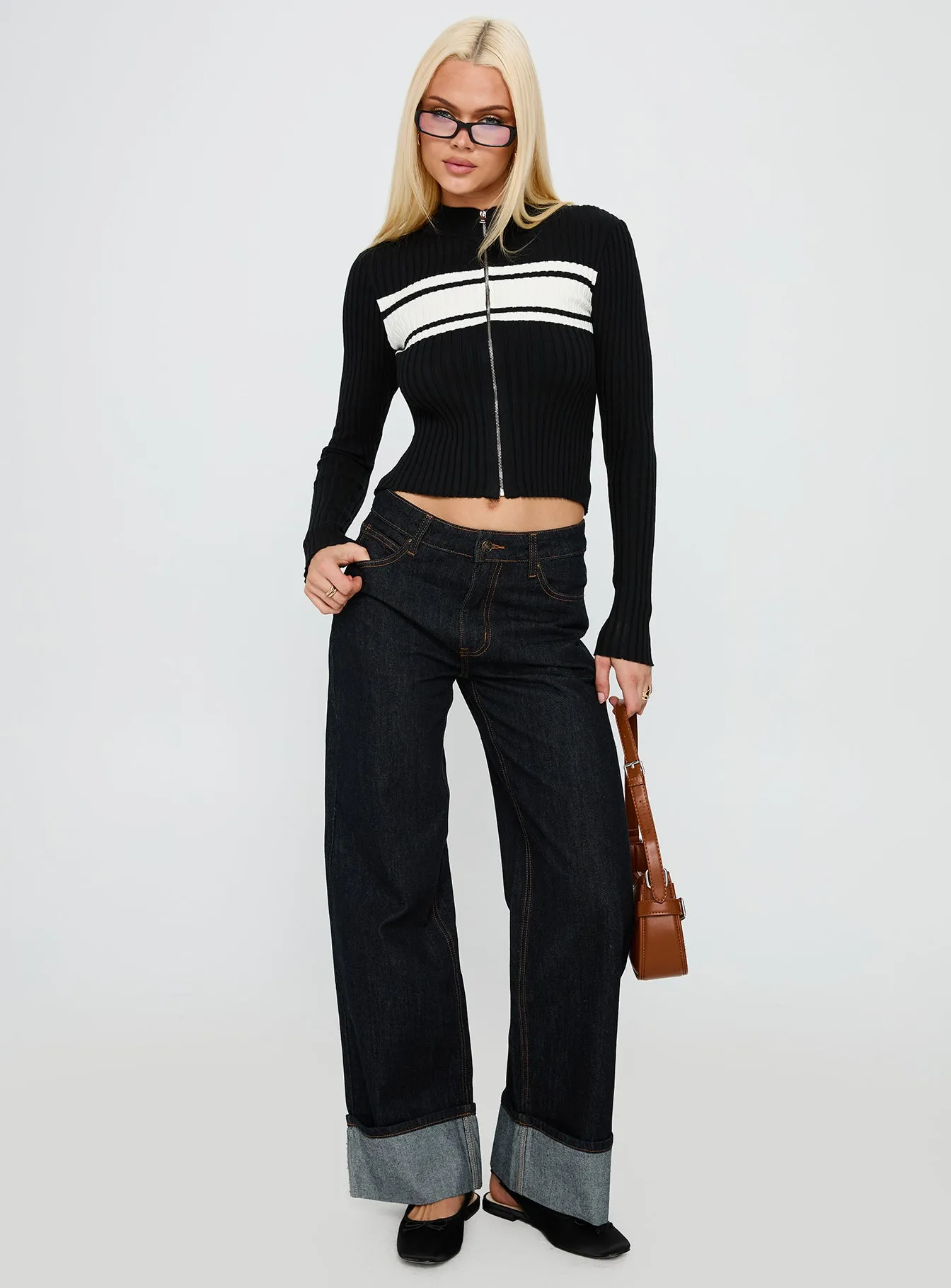 Decisive Zip Through Knit Sweater Black / White sold by Princess Polly product image thumbnail 3