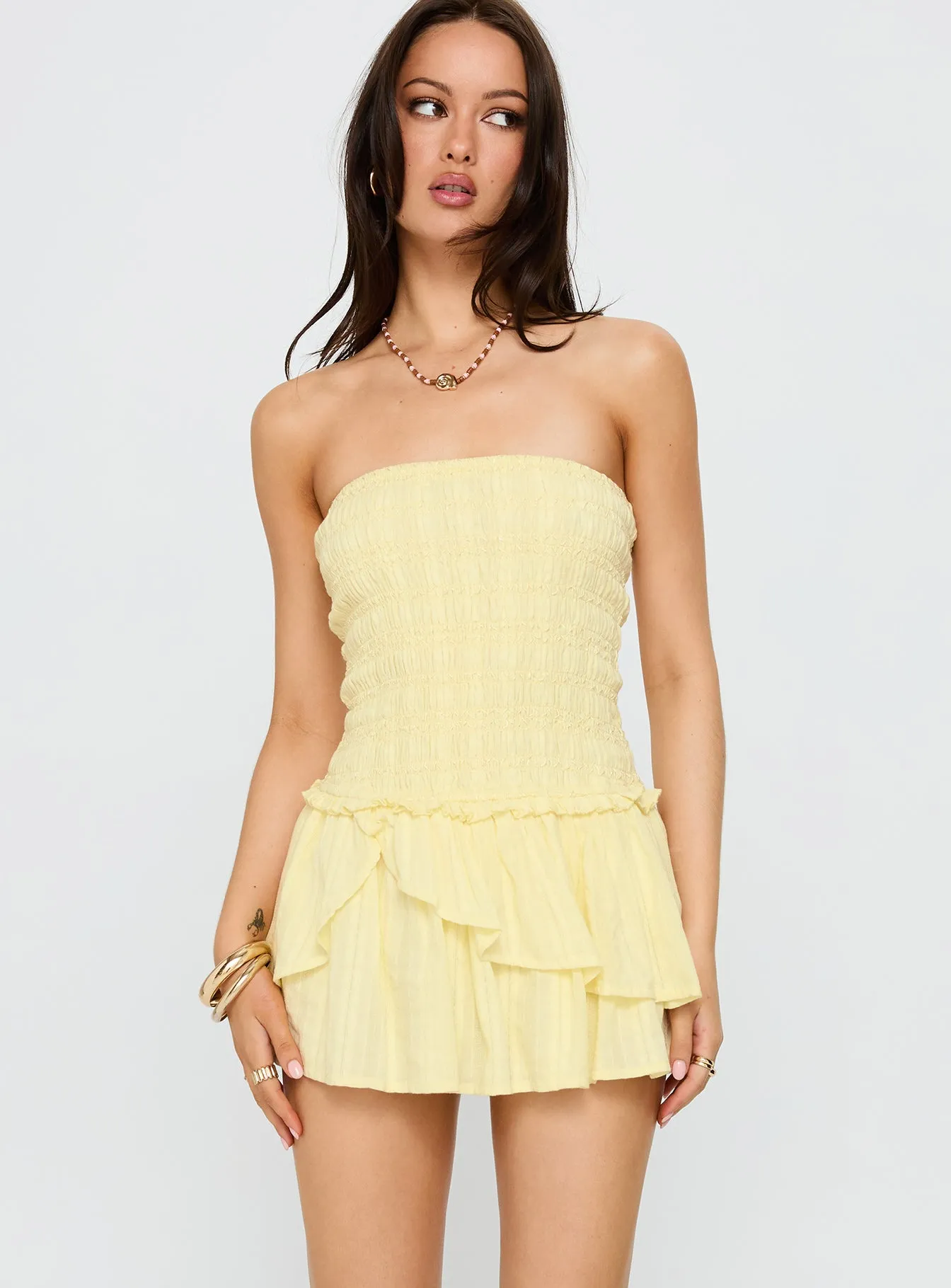 Ayanni Shirred Strapless Mini Playsuit Yellow sold by Princess Polly product image thumbnail 2