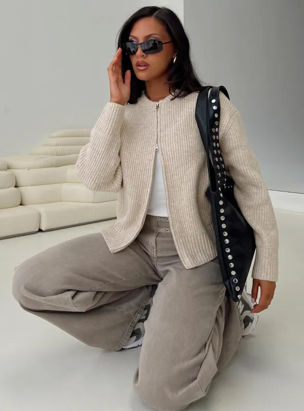Lexene Zip Through Jumper Oat sold by Princess Polly