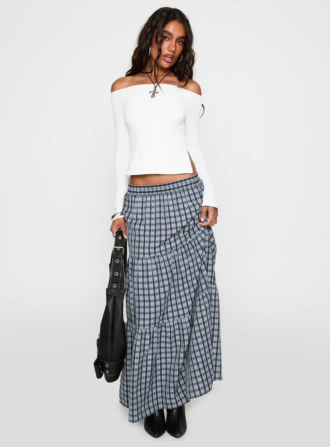 Rockwell Tiered Midi Skirt Navy Check sold by Princess Polly product image thumbnail 3