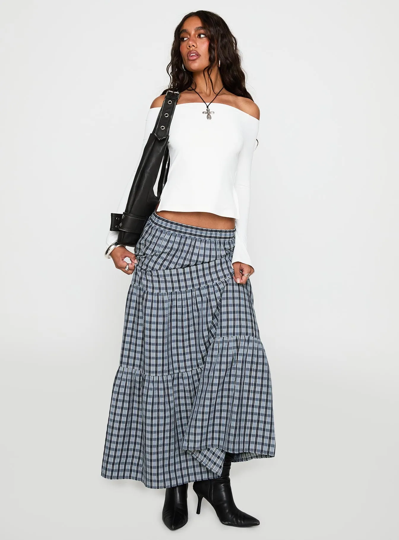 Rockwell Tiered Midi Skirt Navy Check sold by Princess Polly product image thumbnail 2