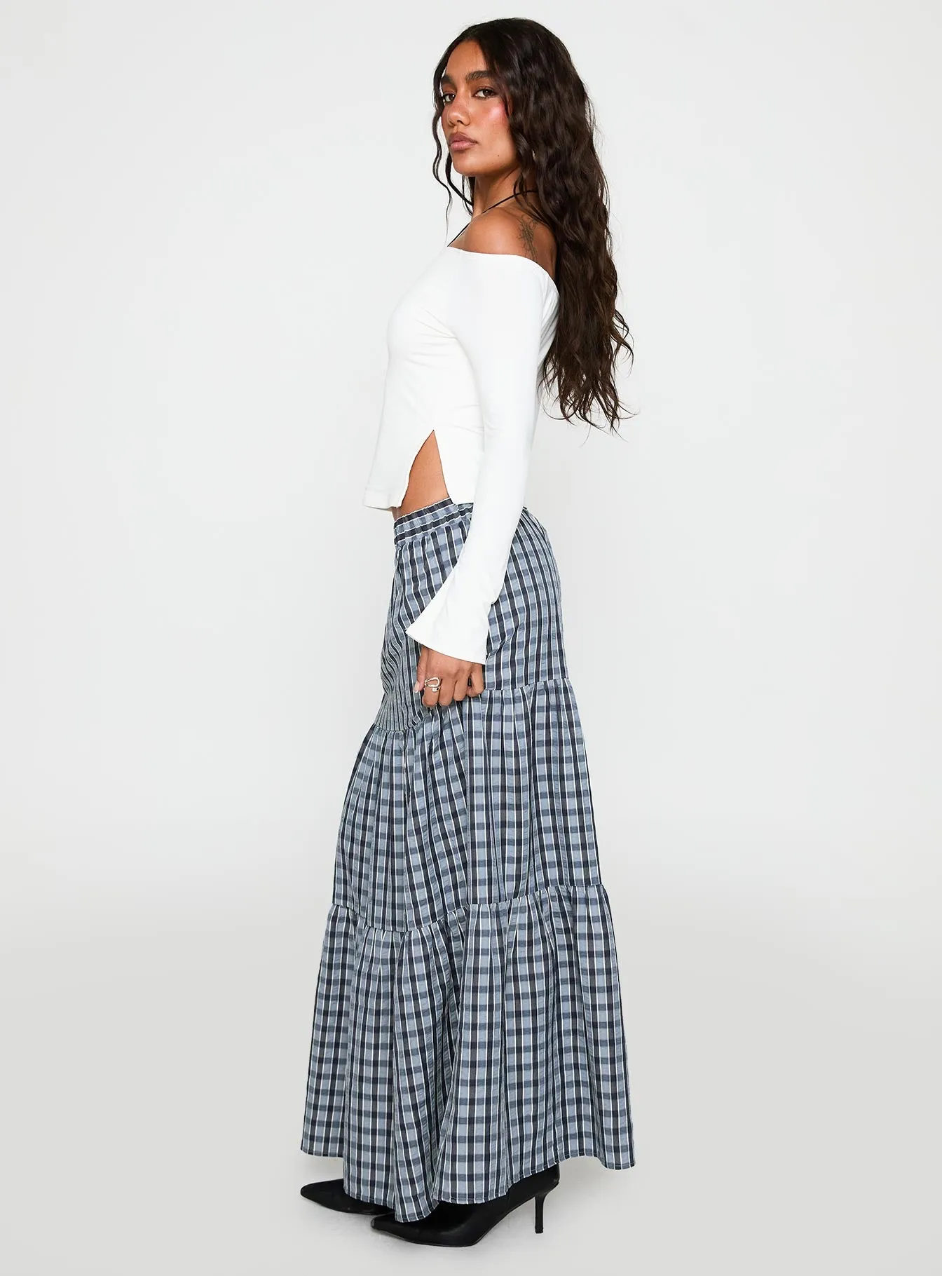 Rockwell Tiered Midi Skirt Navy Check sold by Princess Polly product image thumbnail 4