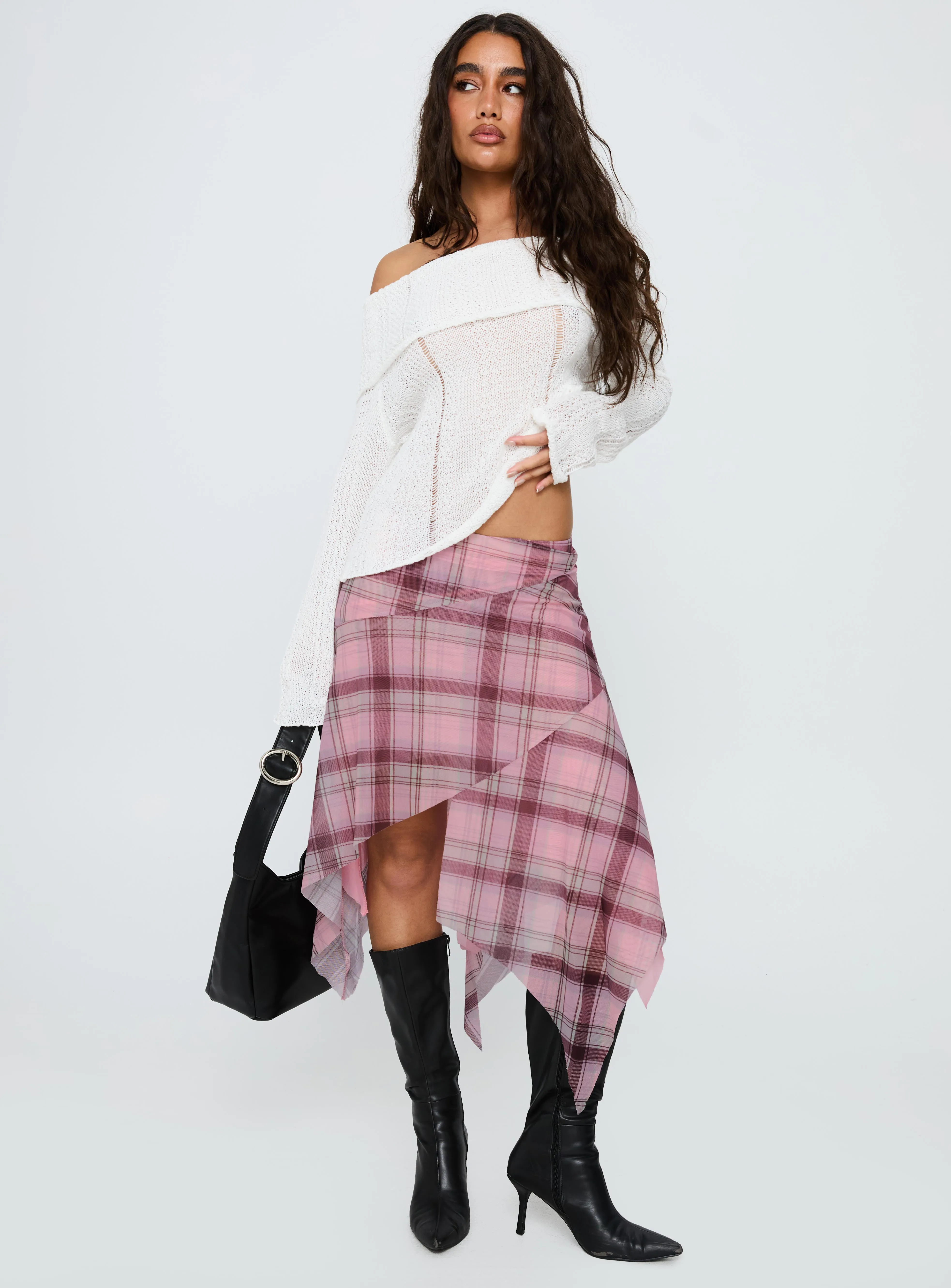 Anali Asymmetrical Midi Skirt Pink / Multi Check sold by Princess Polly product image thumbnail 2