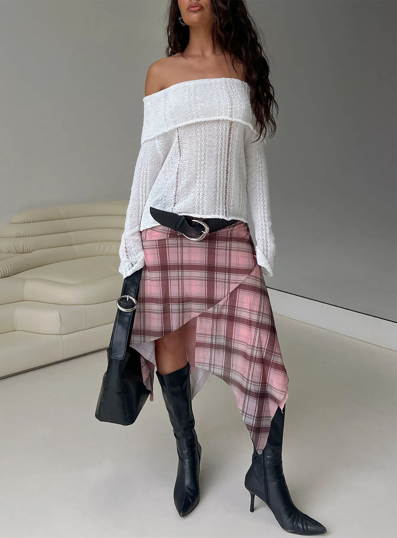 Anali Asymmetrical Midi Skirt Pink / Multi Check sold by Princess Polly