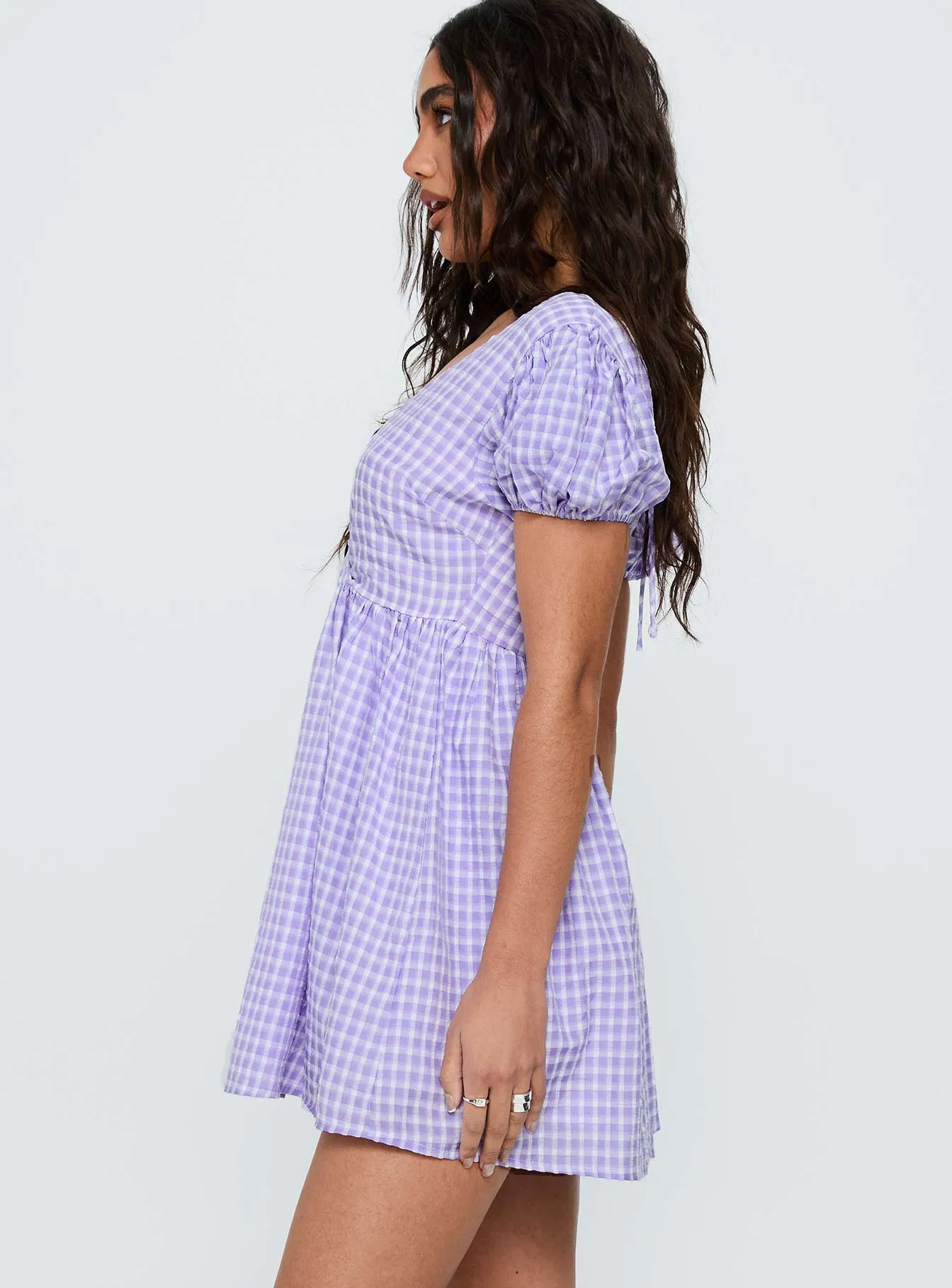 Chavelle Puff Sleeve Mini Dress Purple Check sold by Princess Polly product image thumbnail 3