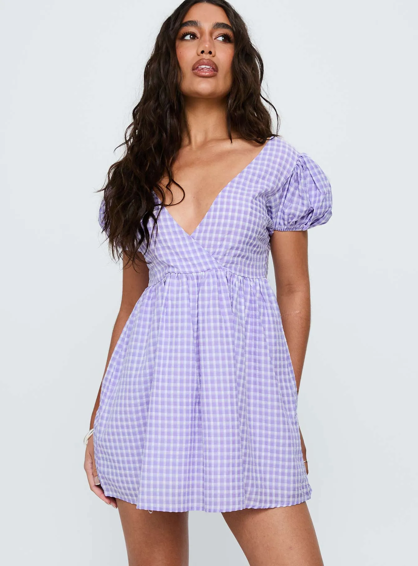 Chavelle Puff Sleeve Mini Dress Purple Check sold by Princess Polly