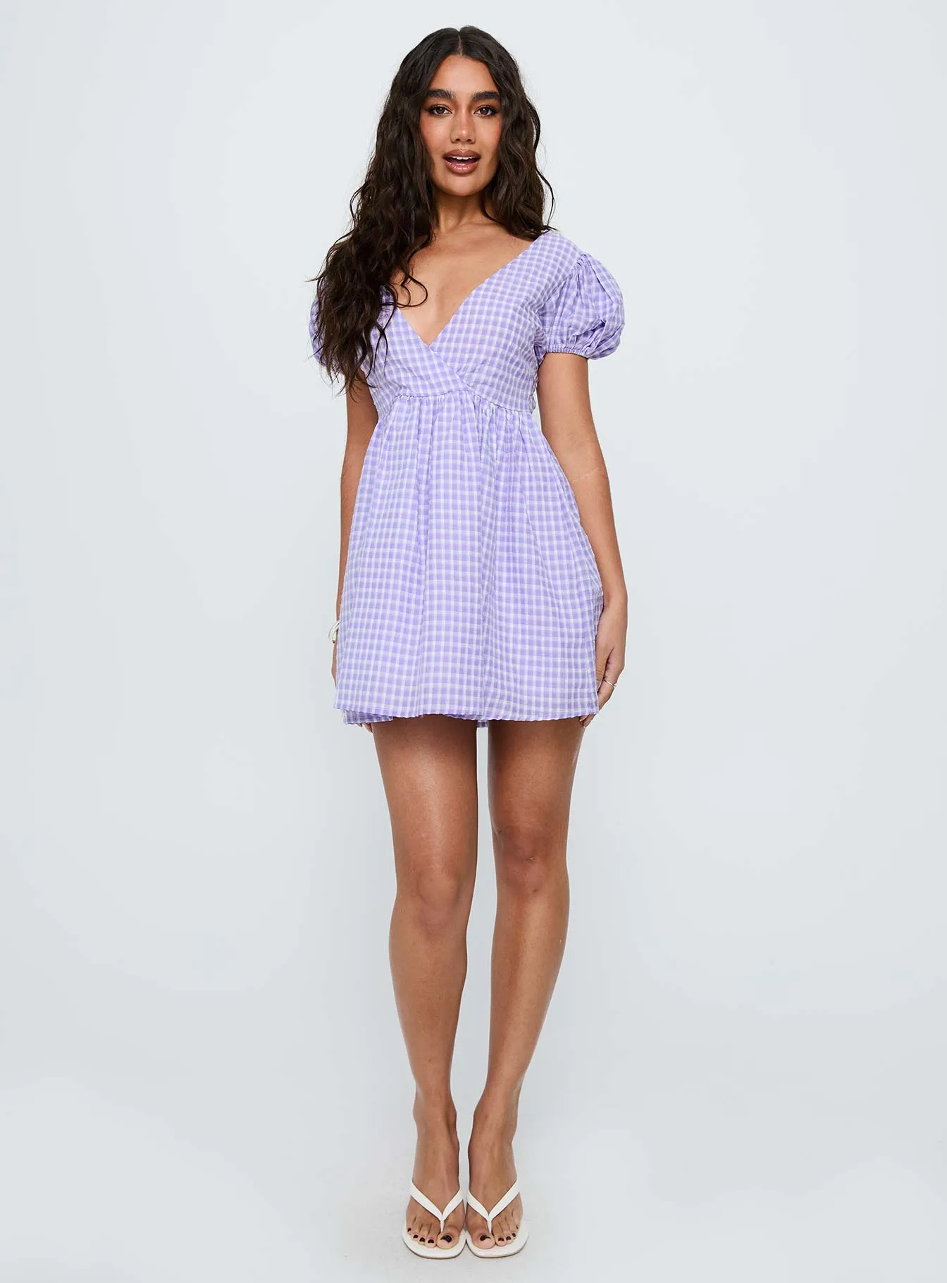 Chavelle Puff Sleeve Mini Dress Purple Check sold by Princess Polly product image thumbnail 2