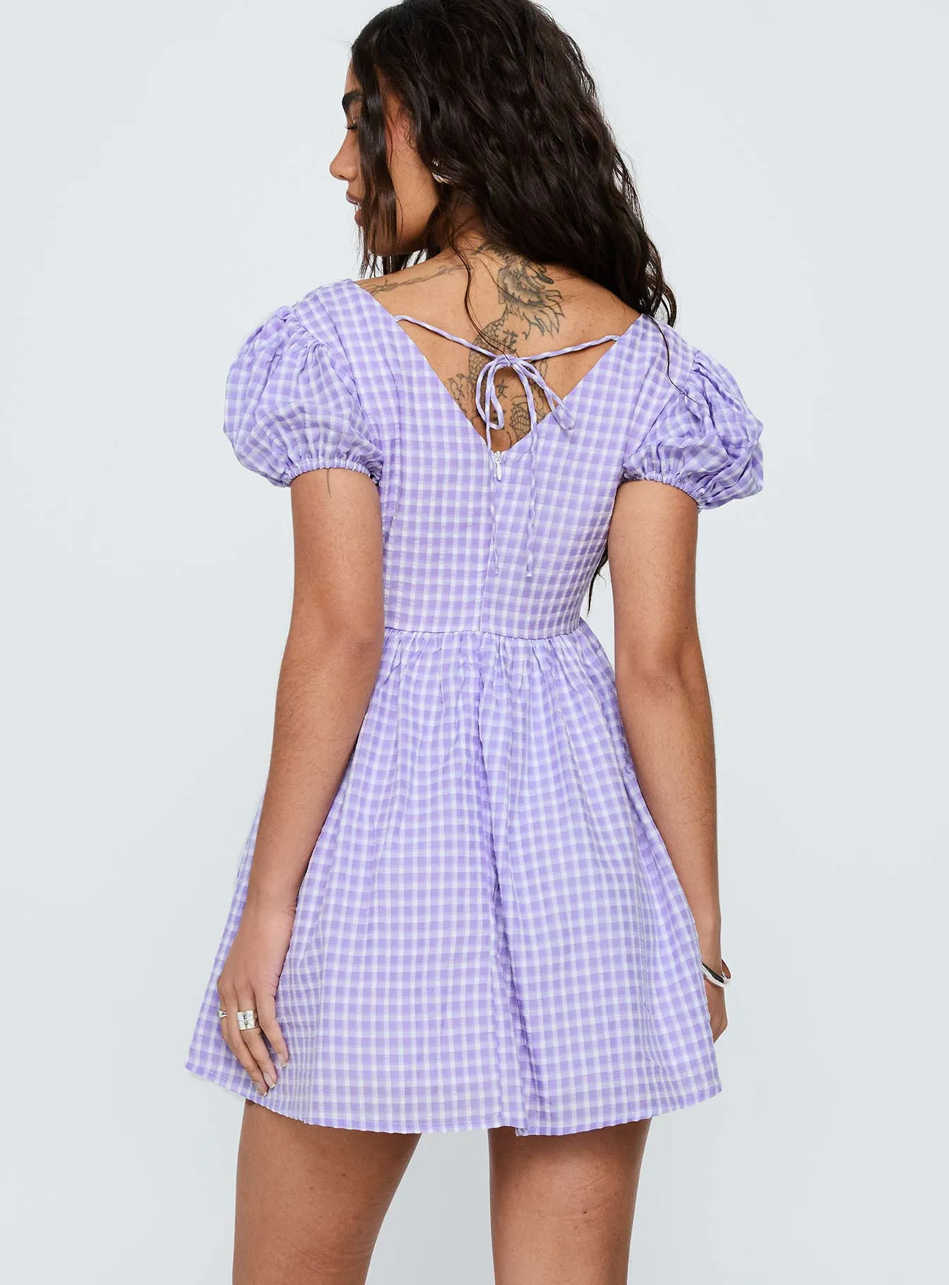 Chavelle Puff Sleeve Mini Dress Purple Check sold by Princess Polly product image thumbnail 4