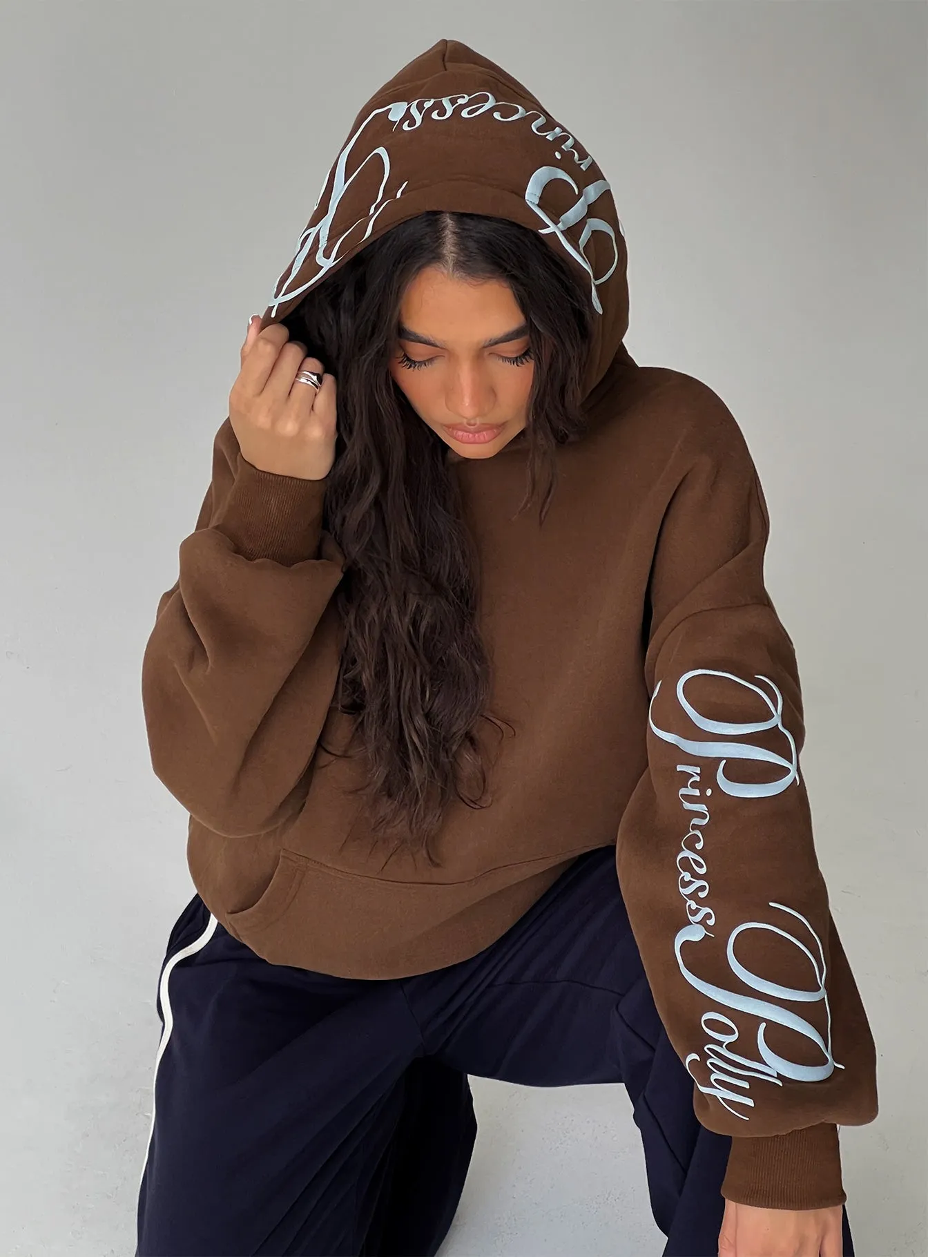 Princess Polly Script Text Graphic Hoodie Brown / Blue sold by Princess Polly