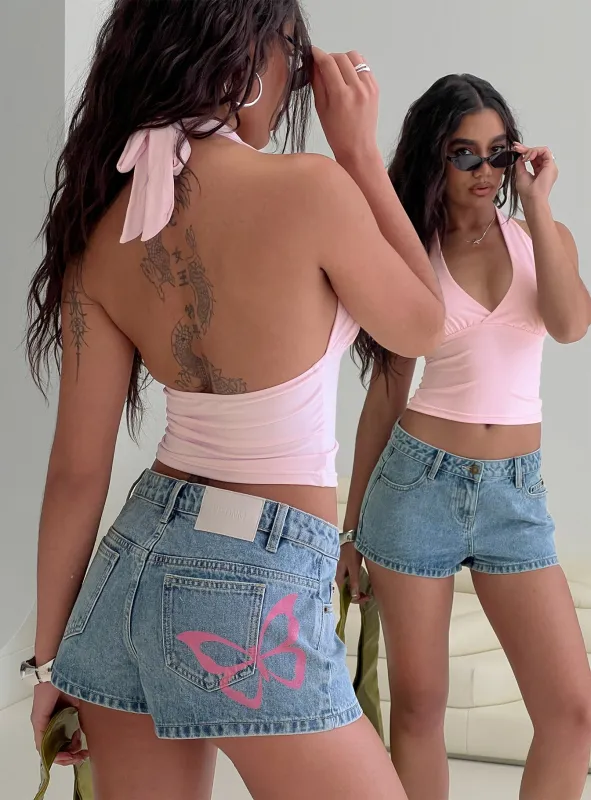 Fly Butterfly Mid Rise Denim Shorts Mid Blue Wash sold by Princess Polly
