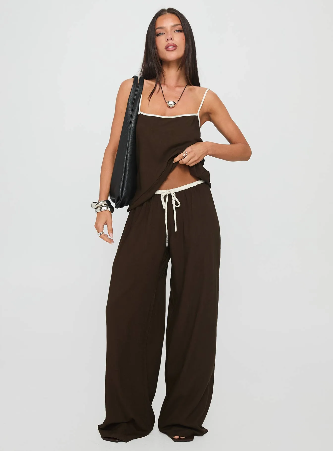 Nolei Contrast Pants Set Chocolate / White sold by Princess Polly