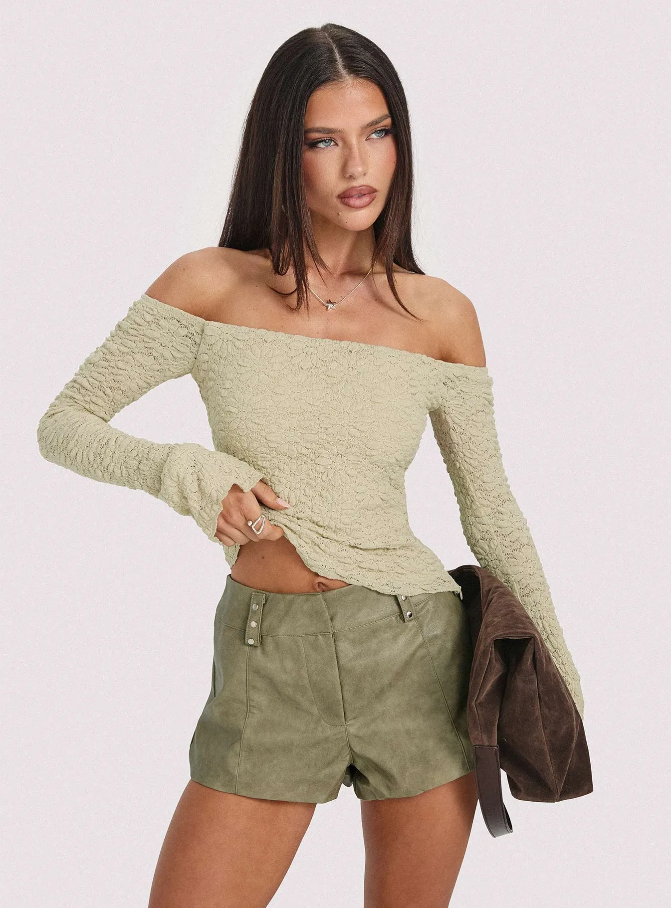 Kenickie Stud Micro Shorts Khaki sold by Princess Polly