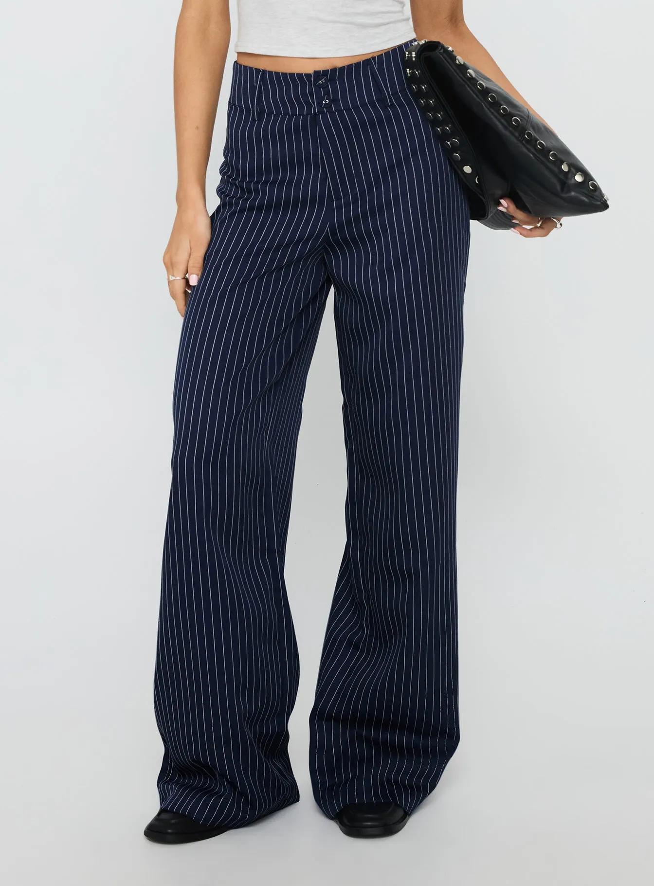 Lorenne Mid Rise Pant Navy Pinstripe sold by Princess Polly