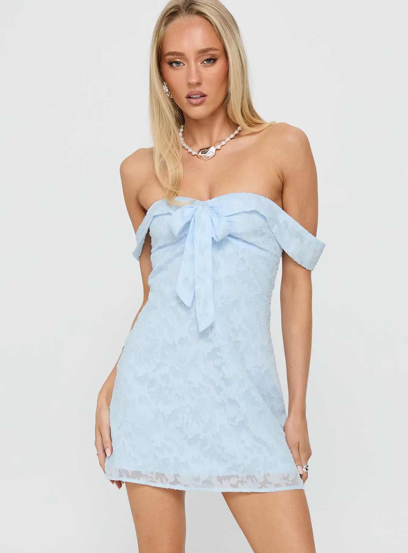 Christiana Off Shoulder Mini Dress Light Blue Burnout sold by Princess Polly product image thumbnail 2