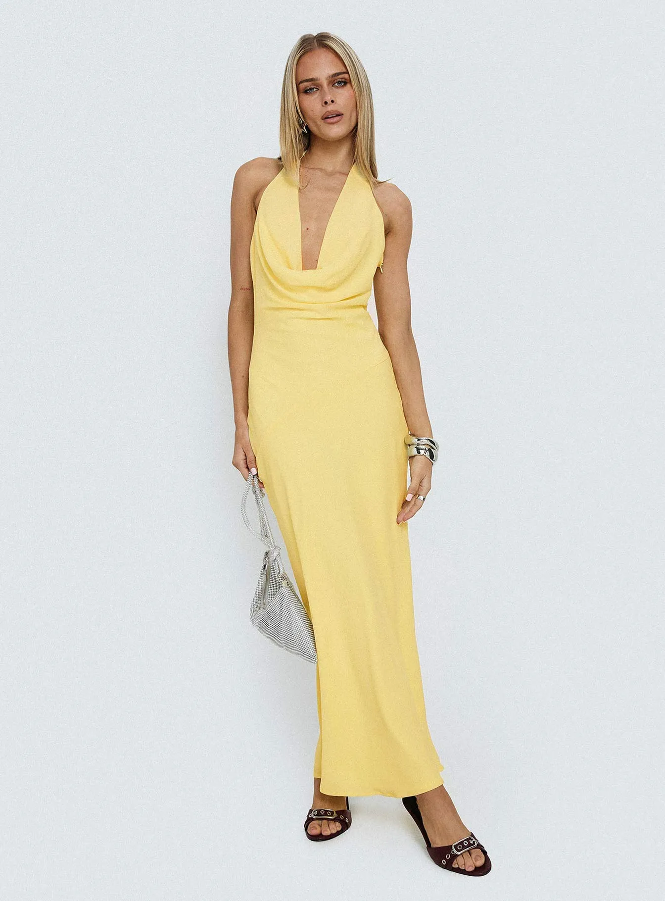 Ocean Boulevard Plunge Maxi Dress Lemon sold by Princess Polly