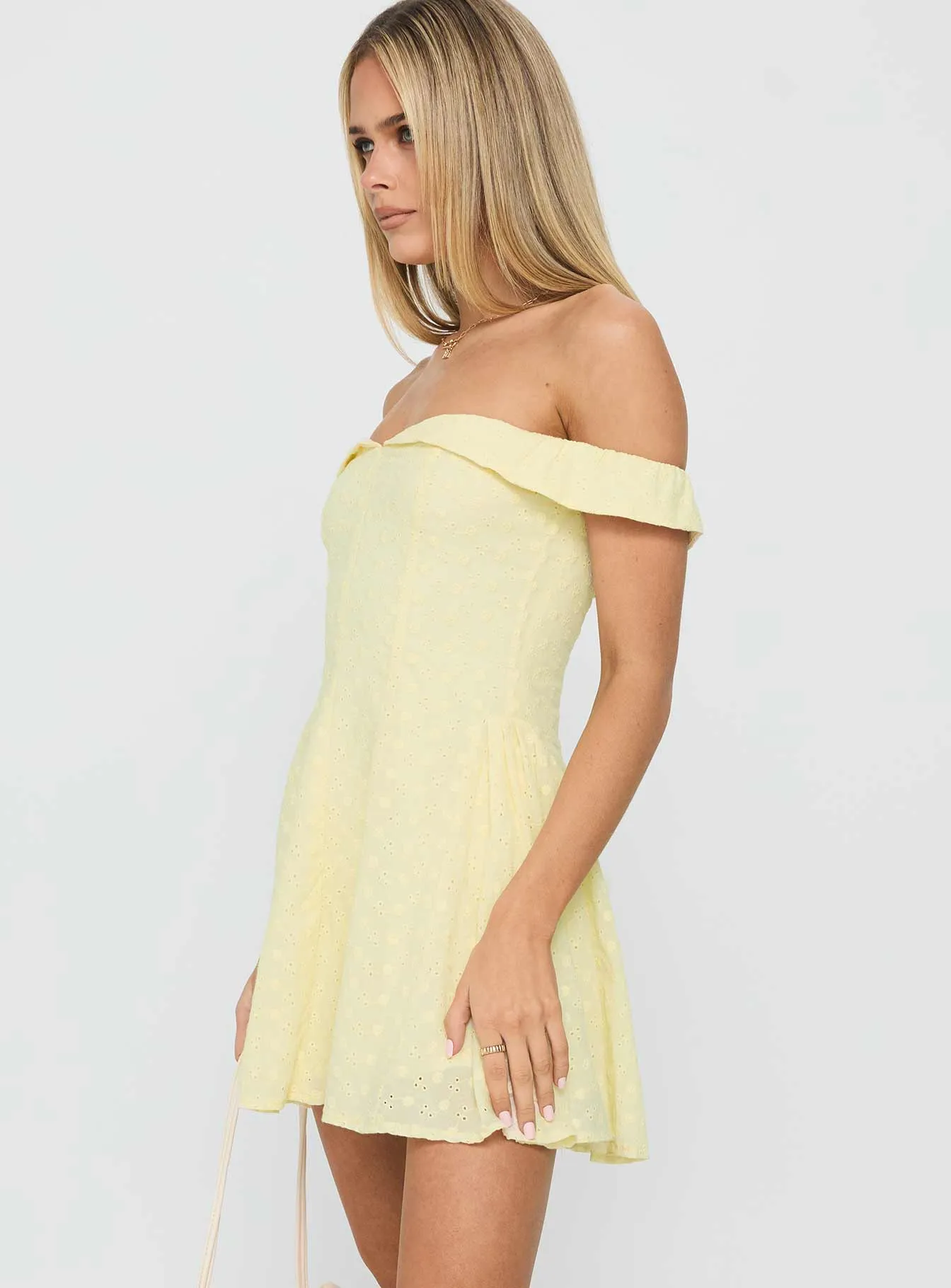 Rosebud Off The Shoulder Mini Dress Lemon sold by Princess Polly product image thumbnail 4