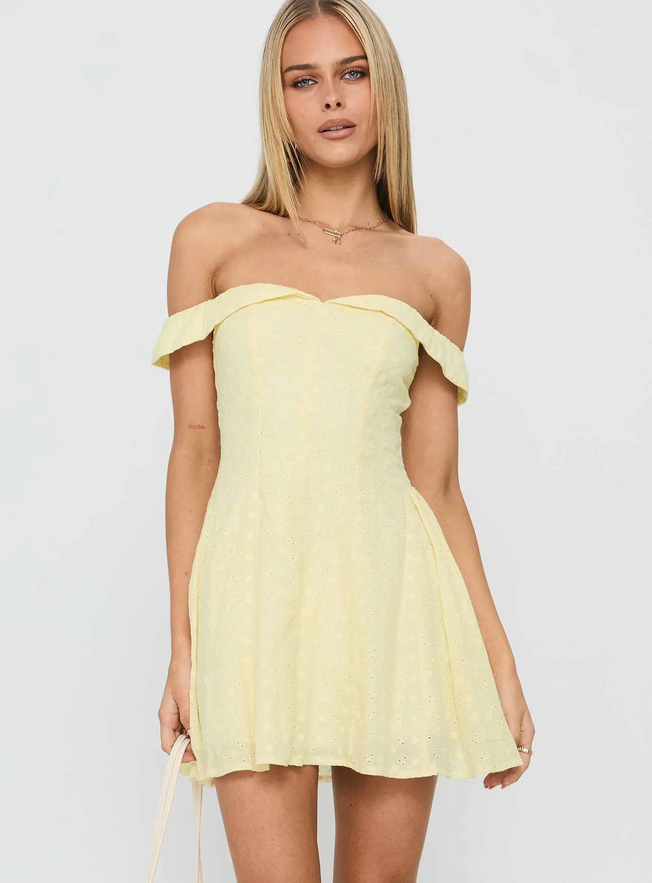 Rosebud Off The Shoulder Mini Dress Lemon sold by Princess Polly product image thumbnail 2