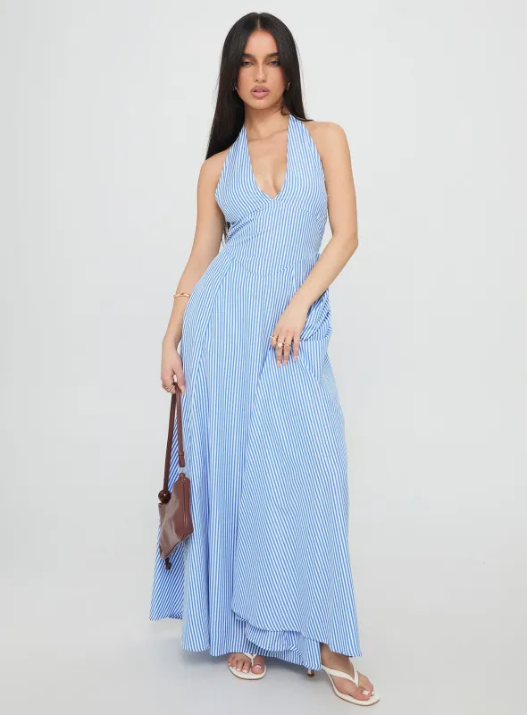 Ivie Halter Plunge Maxi Dress Blue Stripe sold by Princess Polly