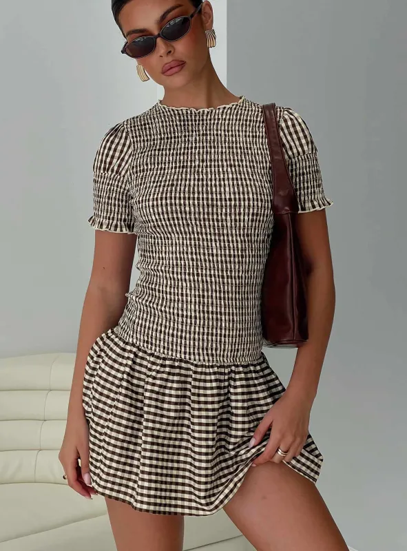 Laurita Shirred Mini Dress Brown Check Tall sold by Princess Polly