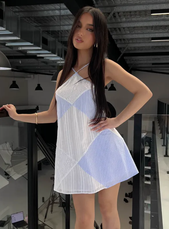 Rivena Arrowhead Mini Dress Blue / White sold by Princess Polly