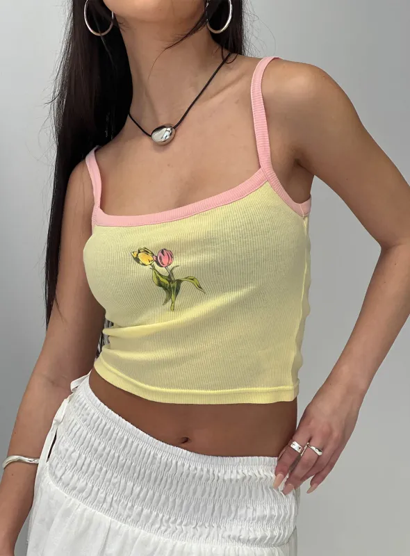 Gardens Of Summer Graphic Tank Yellow sold by Princess Polly
