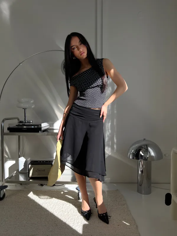 Evanescence Asymmetrical Midi Skirt Black sold by Princess Polly